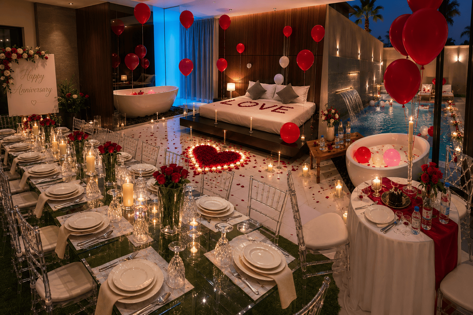 "Happy Anniversary" بقلب من الورد ومسبح يتلألأ.. هكذا تبدو ليلة ذكرى الزواج الفاخرة في فيلات الرياض