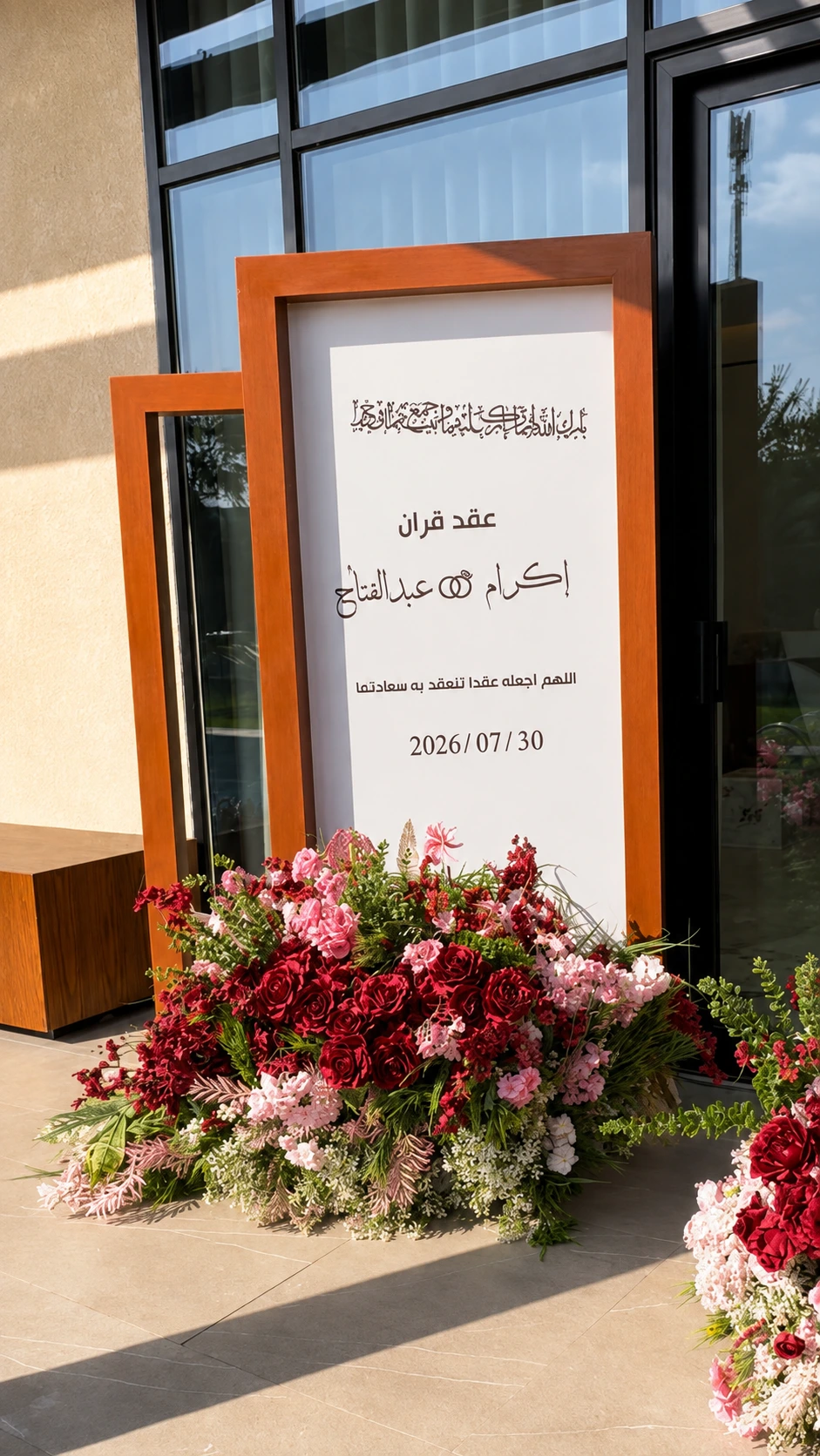 تنسيق عقد قران في الرياض بلوحة أسماء وورد عنابي وخشبي